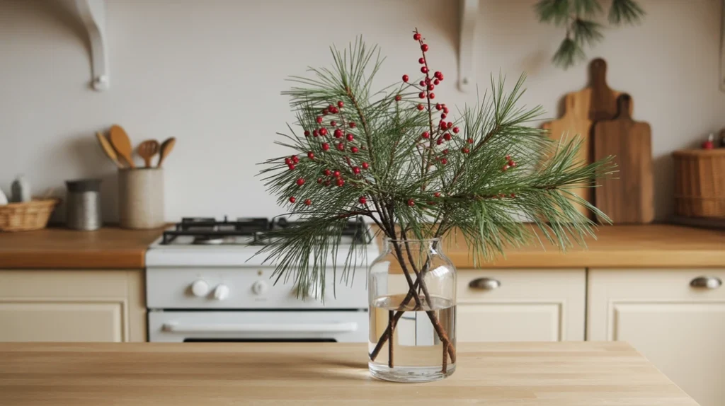 Vase filled with pine branches and red berries adding a natural touch to red and green holiday kitchen decor.