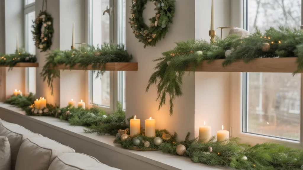 Small apartment living room styled with natural greenery, pine garlands, and eucalyptus branches for a fresh Christmas touch.