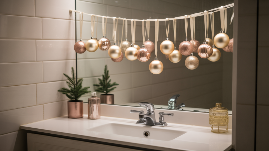 lightweight Christmas ornaments hanging from bathroom mirror for a playful holiday touch