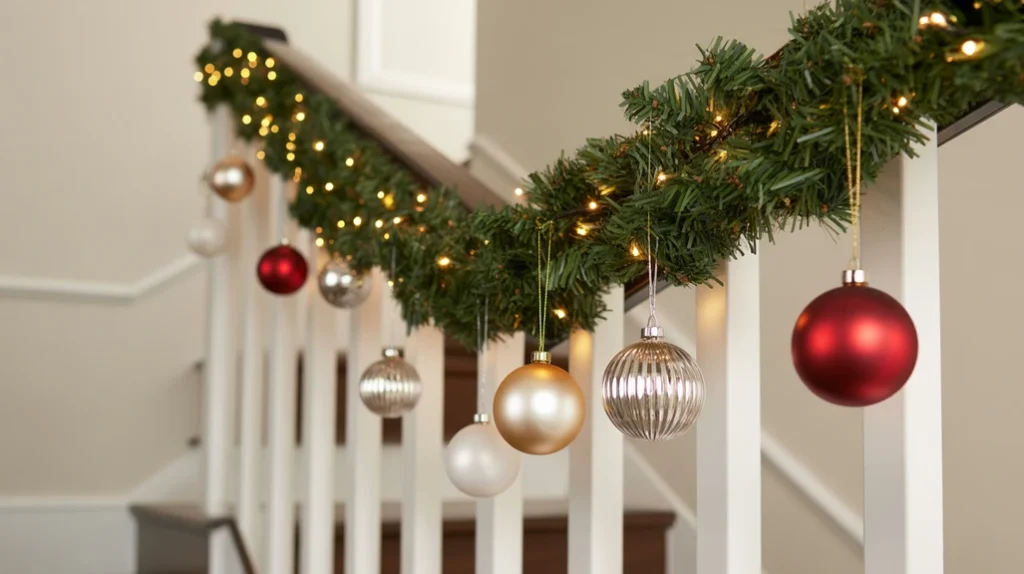 “Hanging ornaments styled along garland on the staircase for festive holiday decor”