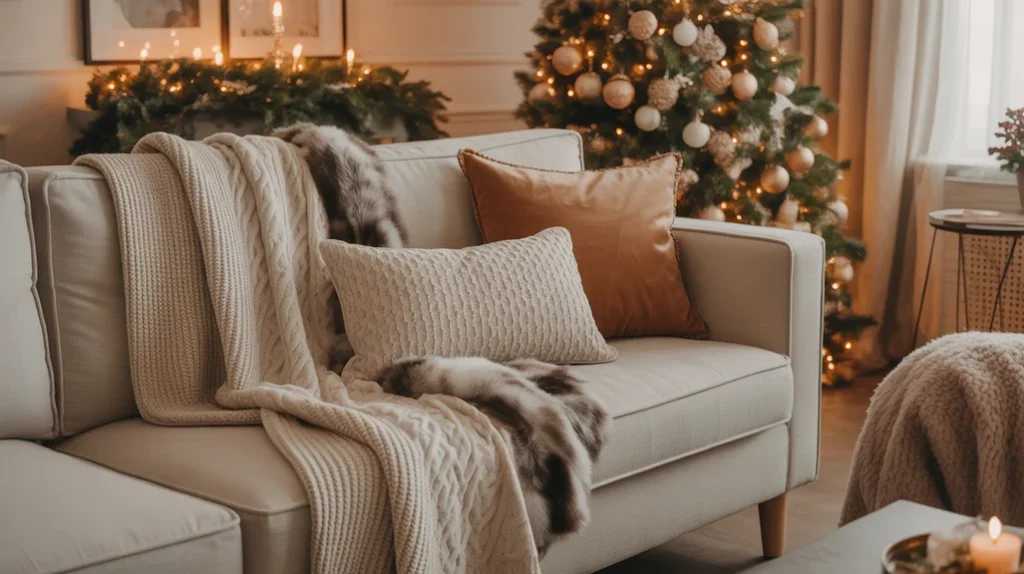 hygge-inspired Christmas decor with layered fabrics and soft textures