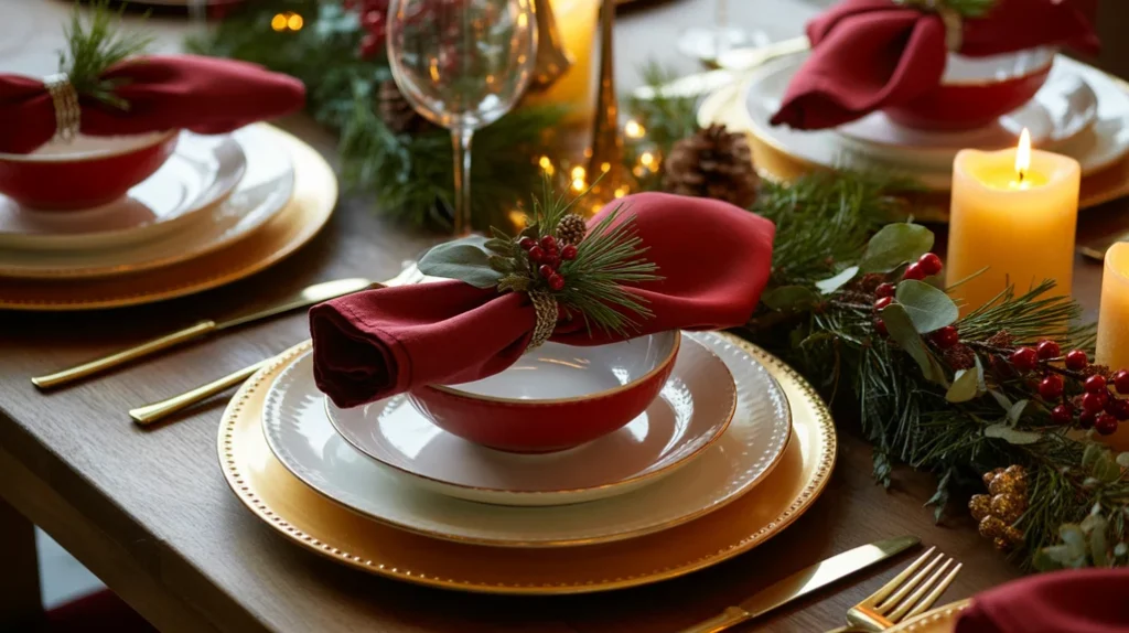 Layered Christmas dinnerware with chargers, sprigs of greenery, and cozy seasonal textures