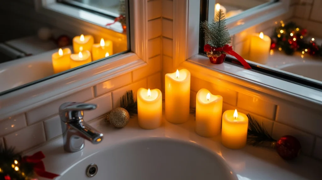 Warm LED candles adding cozy Christmas lighting to a tiny bathroom.