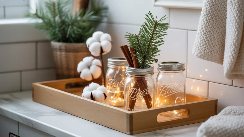 mason jars filled with holiday accents creating vintage rustic bathroom decor