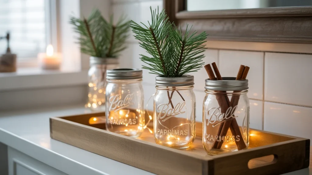 mason jars filled with greenery and winter accents creating vintage farmhouse christmas decor