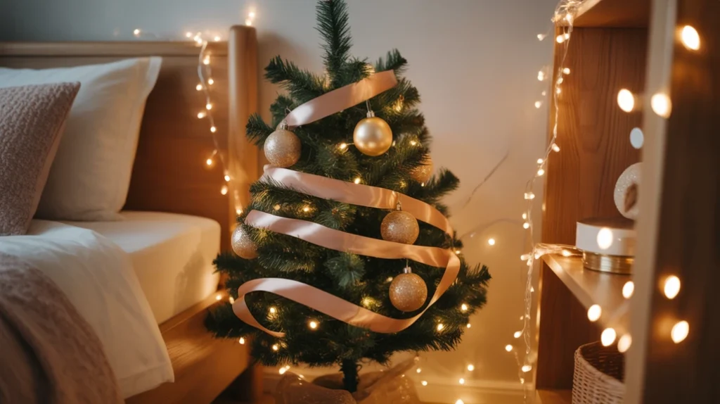 Mini Christmas tree decorated with gold ornaments and fairy lights in a bedroom corner