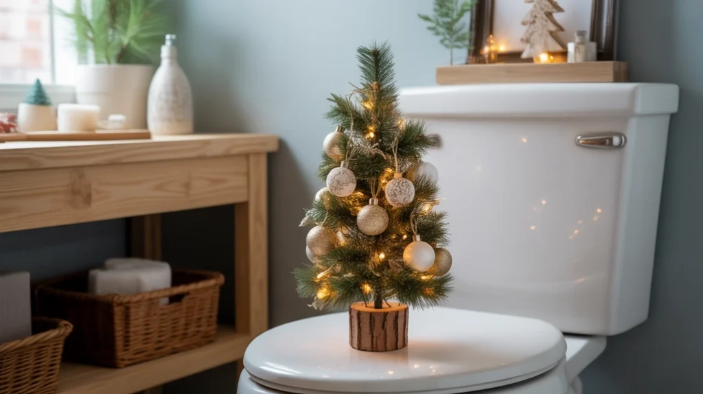 mini tabletop christmas tree decorated with small ornaments in a cozy bathroom corner