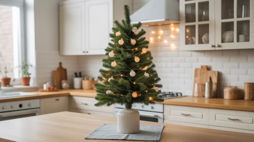 Small Christmas tree on kitchen counter with fairy lights and ornaments creating a cozy Scandinavian holiday look