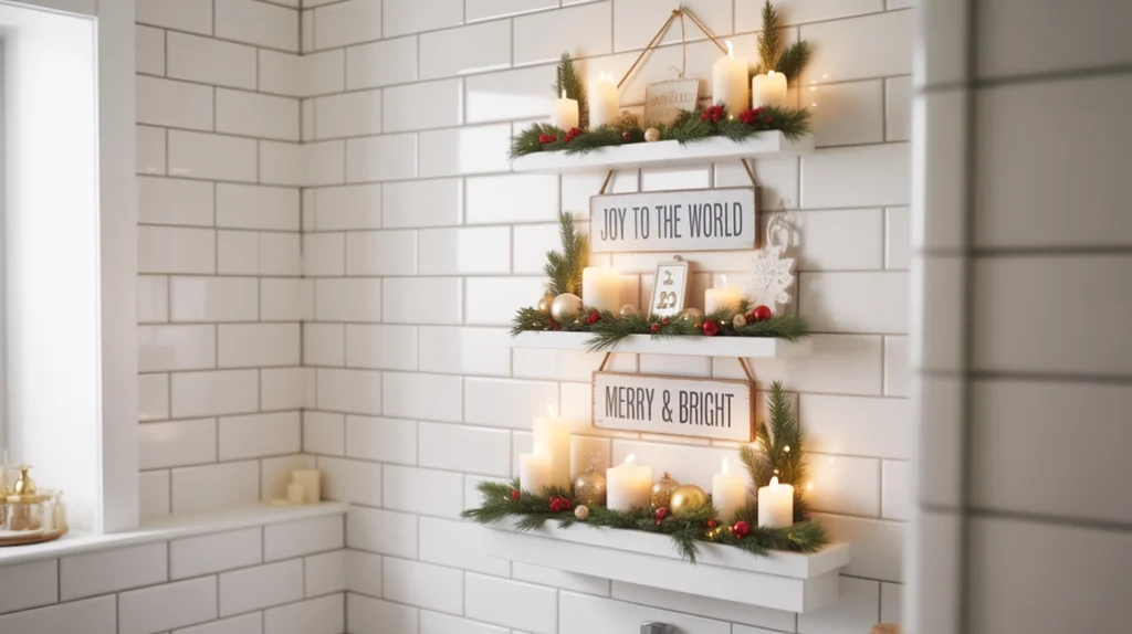 small holiday quote sign styled on bathroom shelf with greenery and candles