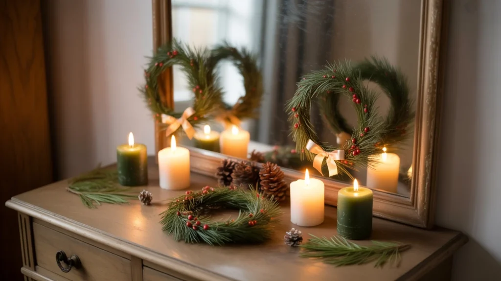 Mini wreaths on dresser bringing subtle holiday charm to bedroom decor