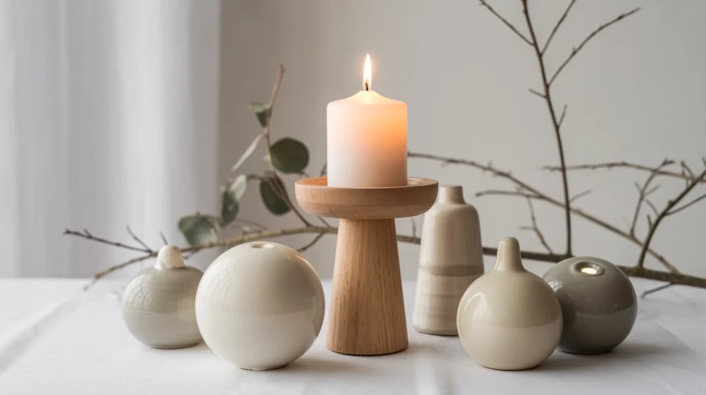 Minimal Christmas decor with ceramic ornaments and wooden candleholder for Nordic festive simplicity