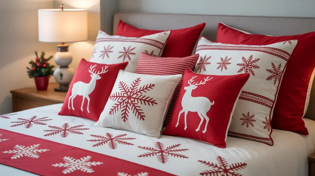 Holiday bedding with mixed solid and printed Christmas pillows for playful, balanced bedroom decor.