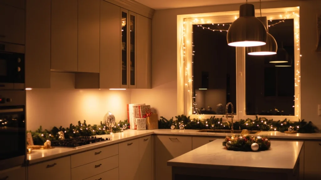 Warm modern Christmas kitchen lighting with pendant lamps and cozy festive glow