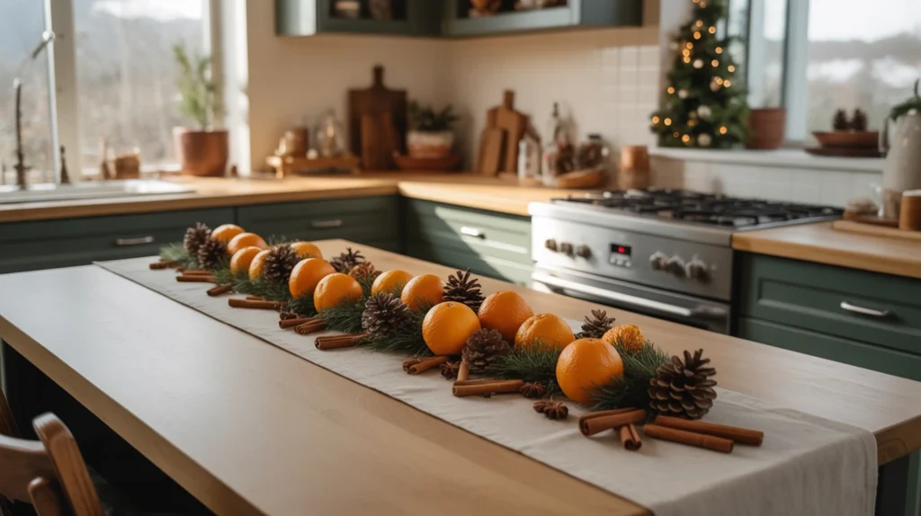 Kitchen island decorated with pinecones, cinnamon sticks, and dried oranges for rustic Christmas farmhouse decor