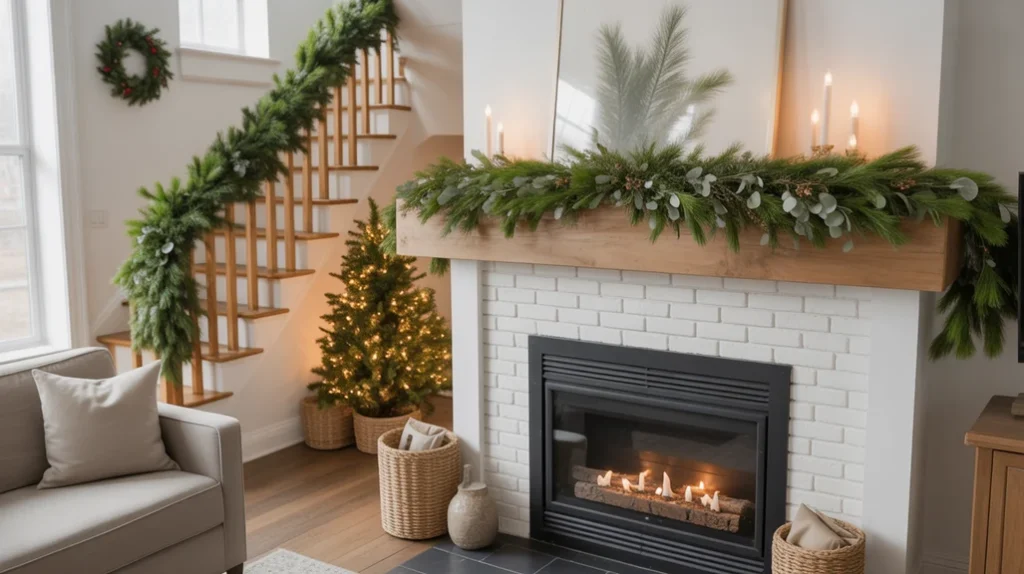 Natural pine garlands and eucalyptus used in rustic cozy Christmas home decor