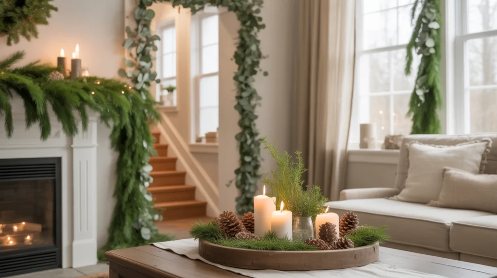 Natural evergreen branches and pine accents for rustic Christmas living room aesthetic