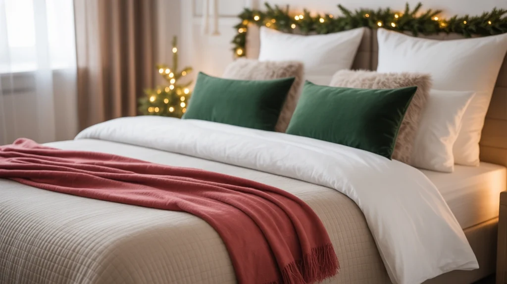 Neutral bedding with red throw and green cushions for minimal yet festive holiday bedroom decor