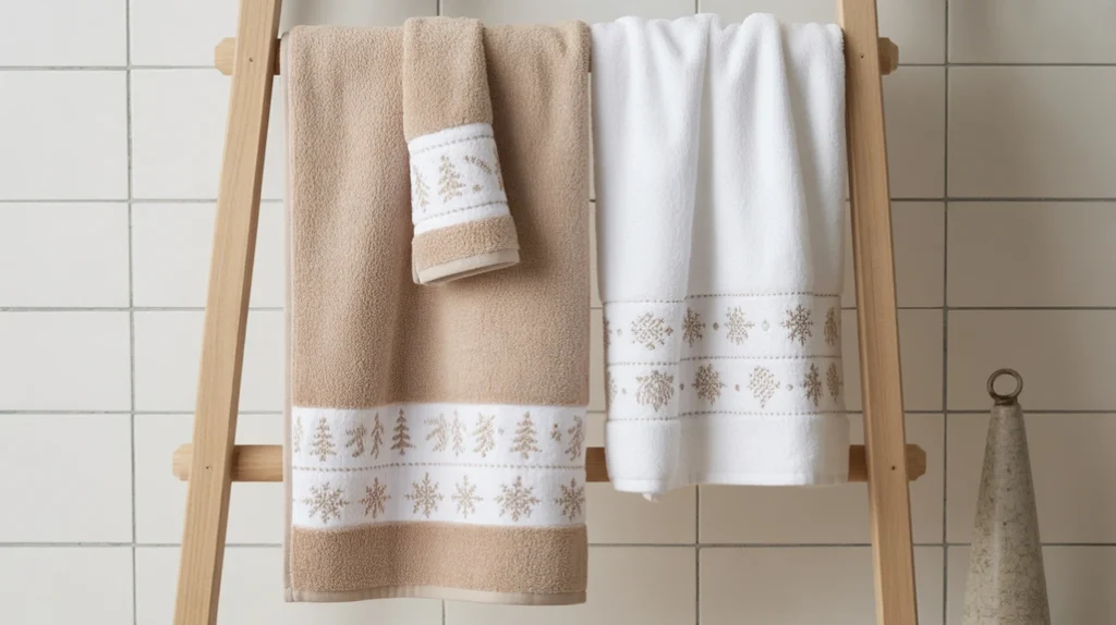 neutral christmas towels in beige and white for a simple scandinavian bathroom holiday style