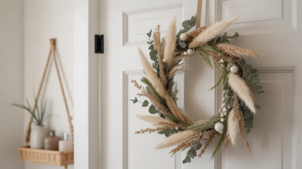 neutral christmas wreath made of pampas and greenery displayed in a minimalist bathroom