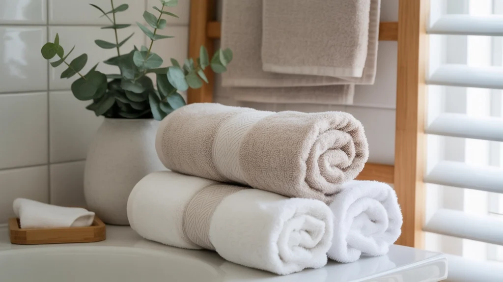 Soft white and cream towels adding a cozy Scandinavian winter feel to Nordic Christmas bathroom decor.