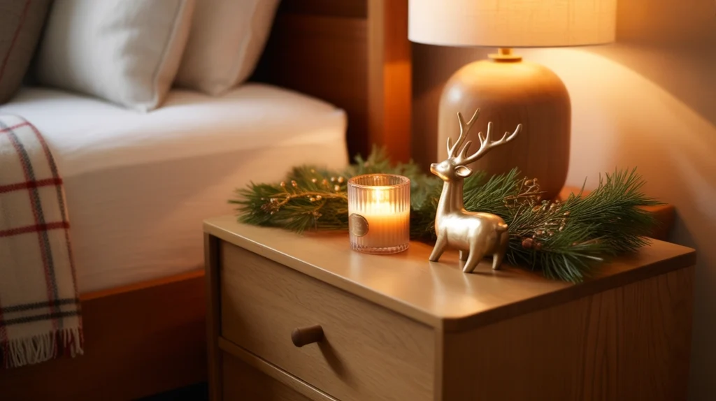 Nightstand with pine sprigs, candle, and simple holiday decor in welcoming guest room