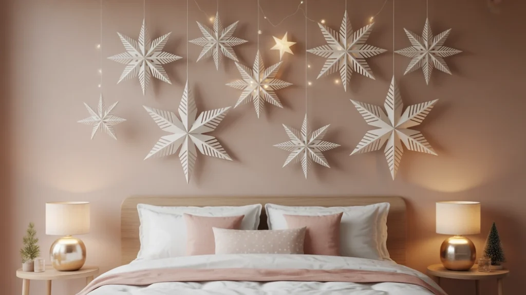 Hanging paper snowflakes and stars above bed creating whimsical winter-inspired Christmas bedroom decoration.