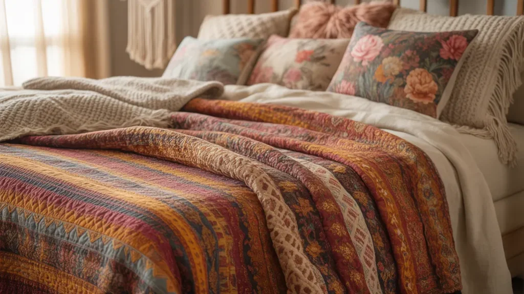 Tribal and floral patterns layered in bedding and pillows for artistic bohemian Christmas bedroom style