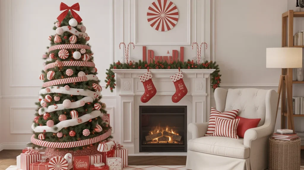 Peppermint-themed Christmas tree with red and white candy cane ornaments