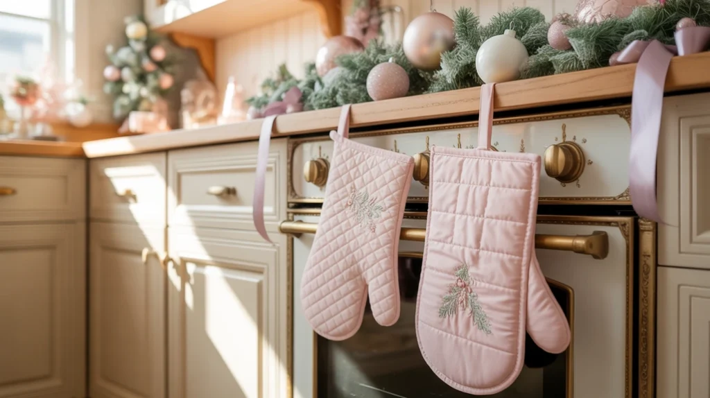 Pink oven mitts and pot holders adding cute festive decor to a blush Christmas kitchen