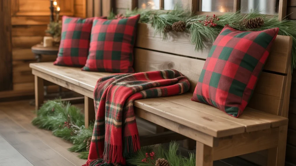 “Plaid textiles on a farmhouse bench adding cozy country Christmas style”