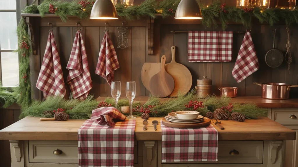 red and white plaid towels and table runners styled in a cozy farmhouse christmas kitchen