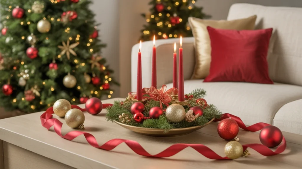 “red and gold Christmas coffee table decorations with ribbons and baubles”