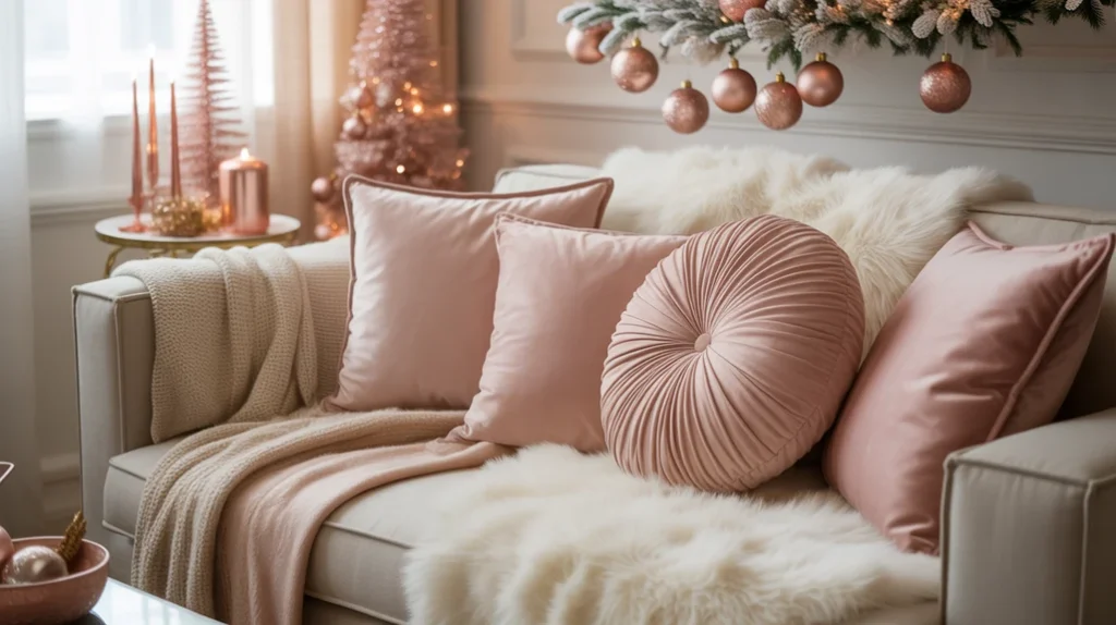 Blush velvet cushions and faux fur throws styled with rose gold holiday decorations for a cozy Christmas living room.