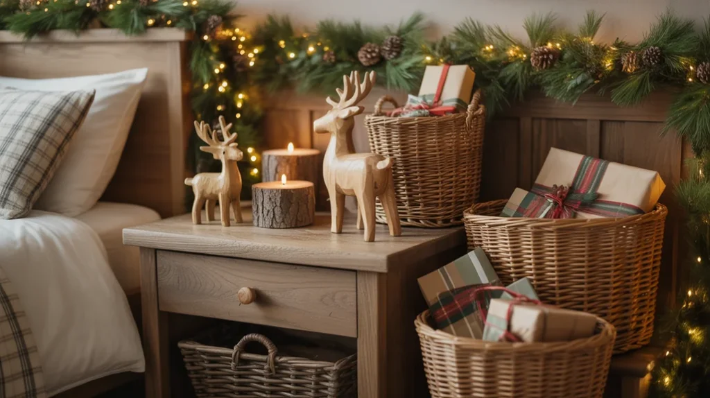 Rustic wooden frames and pine garlands styled in a modern boy’s Christmas bedroom for natural festive warmth
