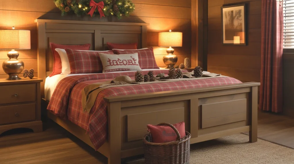 Rustic red and brown Christmas bedroom with wooden textures and cozy blankets