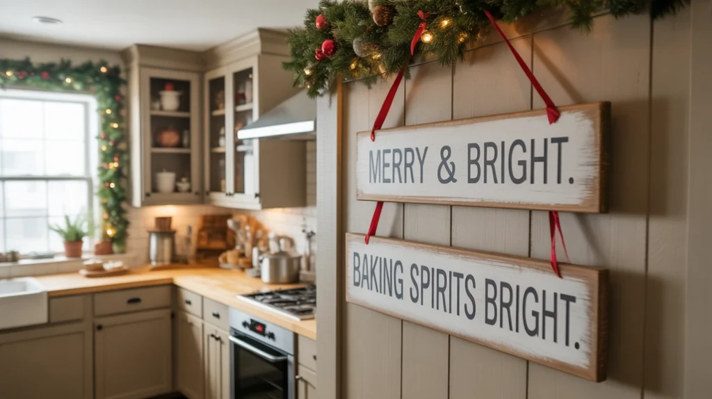 Rustic wooden Christmas signs with festive quotes adding farmhouse-style charm to a holiday kitchen wall.