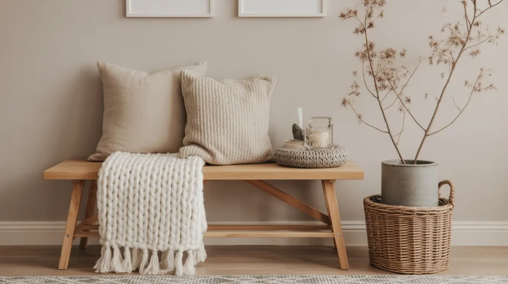 “Wool and knit textiles creating hygge-inspired warmth in a Scandinavian Christmas entryway”