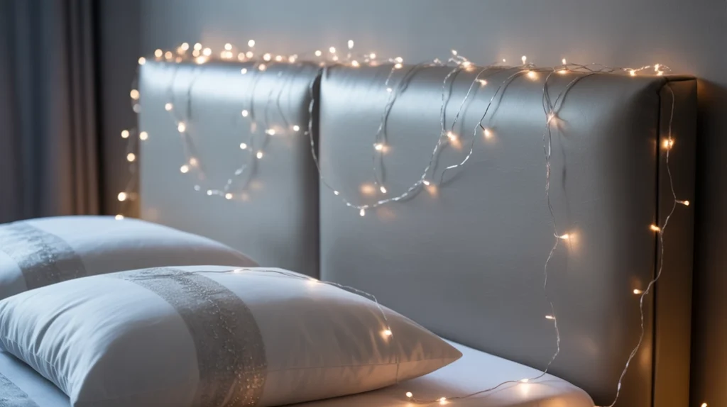 silver fairy lights illuminating a cozy Christmas bedroom with soft glow and modern winter aesthetic