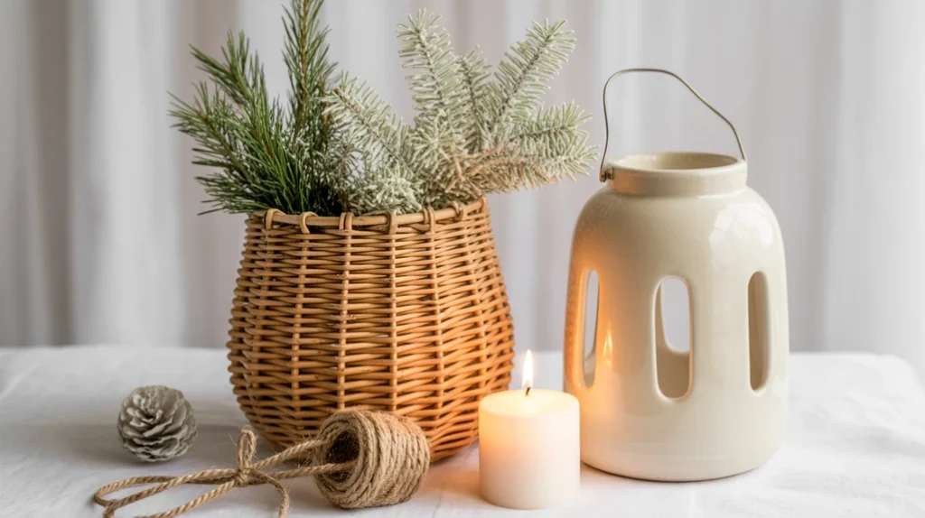Functional minimalist Christmas decor featuring woven basket, lantern, and ceramic festive accents