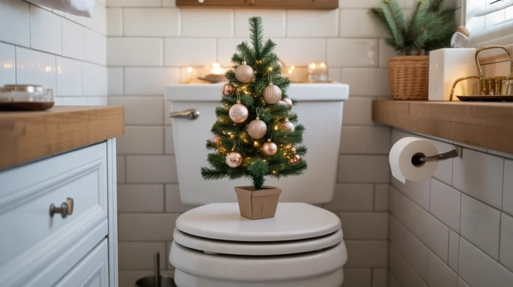Mini tabletop tree on a toilet tank decorated with a few tiny ornaments and soft lighting.