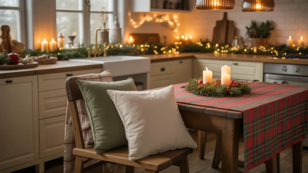 flannel towels, plaid tablecloth, and linen cushions adding softness to cozy christmas kitchen