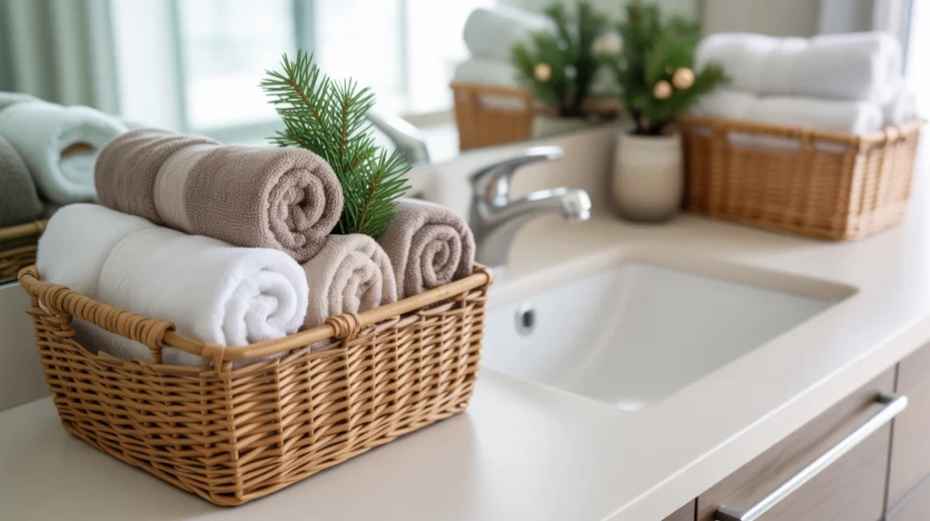 spa-style rolled towels in a woven basket with evergreen accents for a calm christmas display