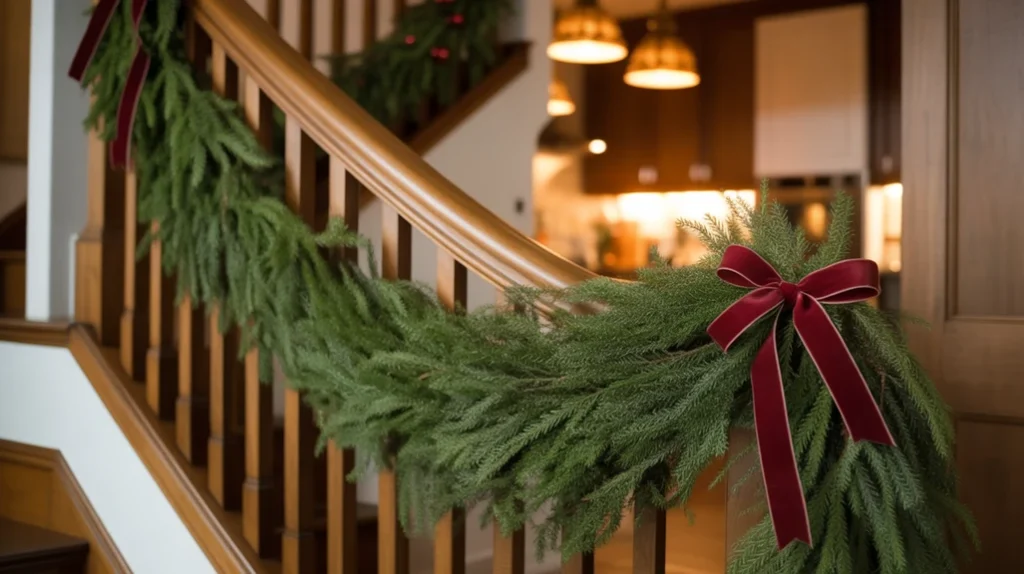 Evergreen garland wrapped around a stair rail near the kitchen for natural Christmas flow