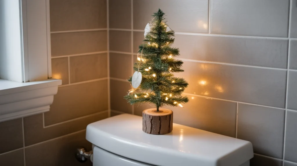 tiny tabletop christmas tree placed on a toilet tank with gentle seasonal decor