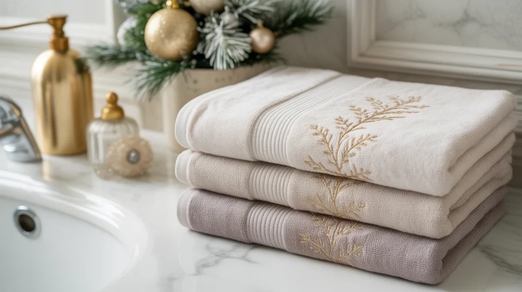 velvet or gold-embroidered holiday towels styled for a glamorous christmas bathroom look