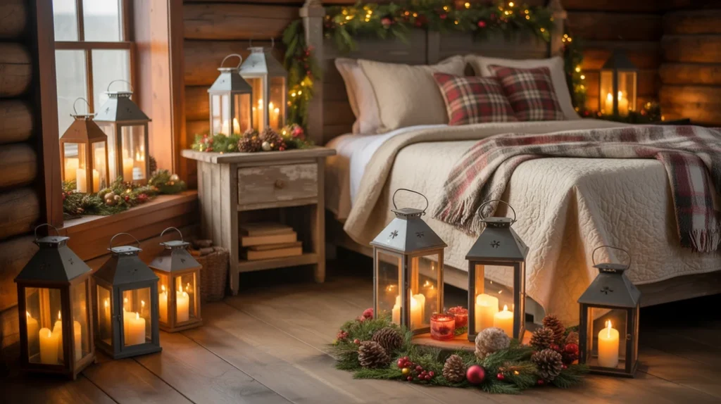 Metal lanterns and flickering candles lighting up a cozy rustic farmhouse Christmas bedroom