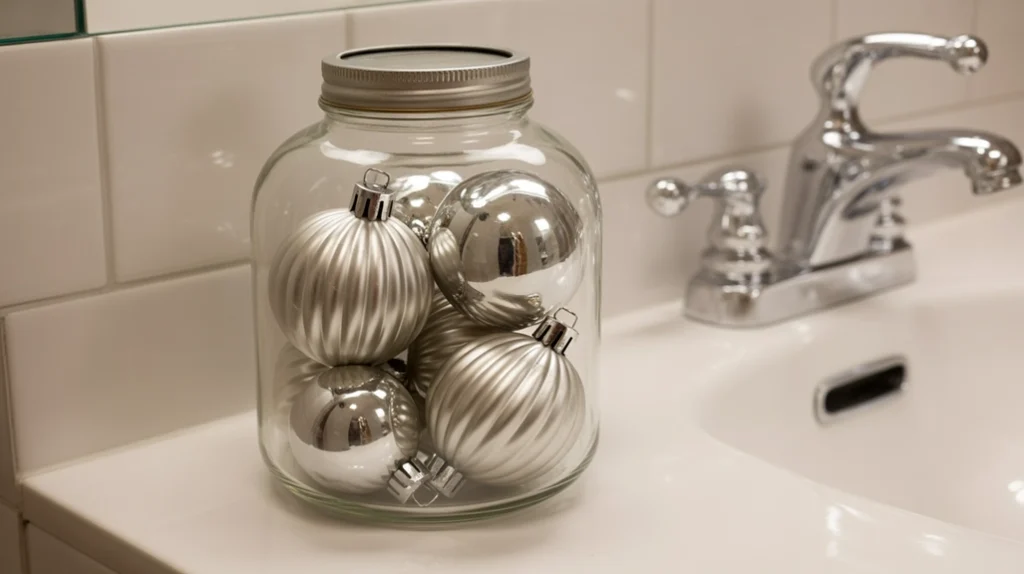glass jar filled with mercury glass ornaments and shiny brite baubles for retro bathroom decor