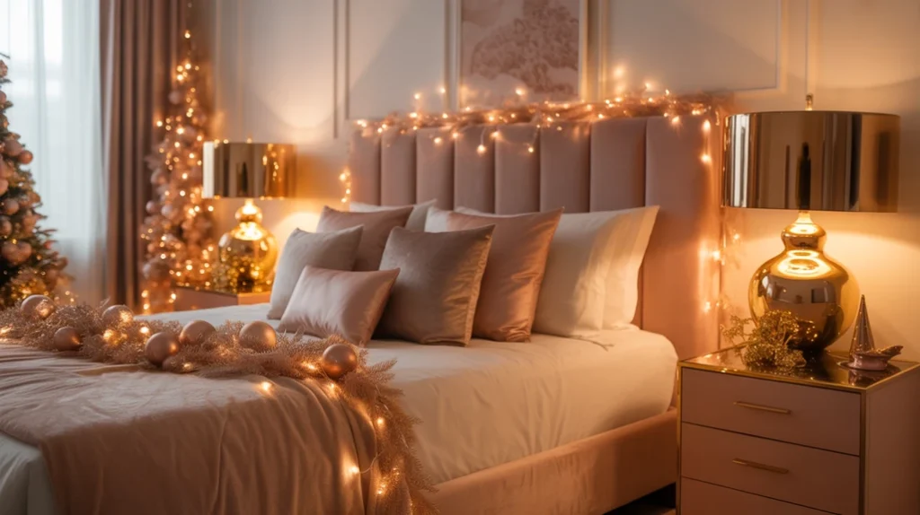 golden lamps and fairy lights glowing softly in rose gold holiday bedroom with warm modern aesthetic