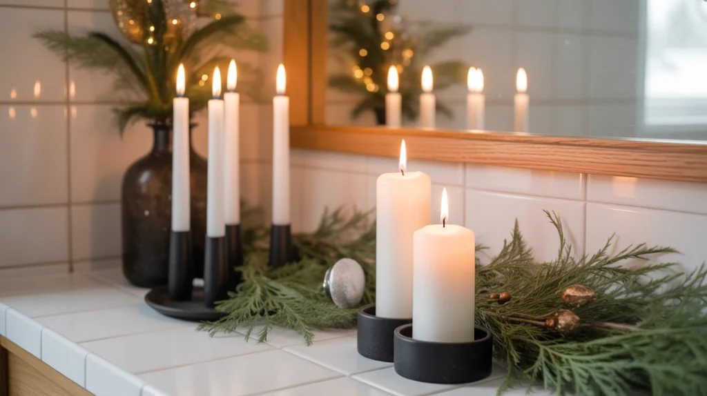 white candles in black holders styled with eucalyptus for a simple monochrome christmas look