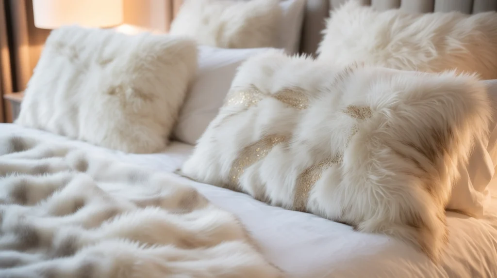 Cozy white faux fur throws and golden shimmer pillows adding warmth to a festive winter bedroom.